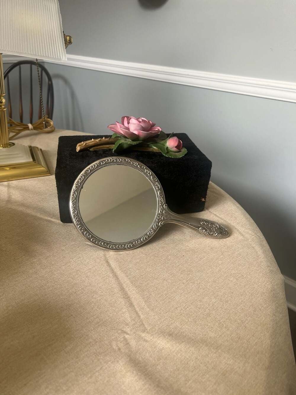 Vintage International Silver Co. Ornate Floral Repousse Hand Mirror, 9"